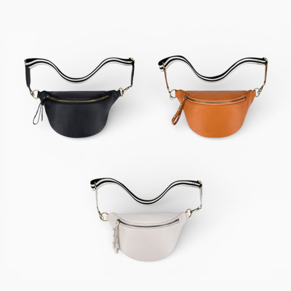 Modern leather fanny pack for women in Perle model by Élégance Cuir, showcasing a stylish design and sleek finish.