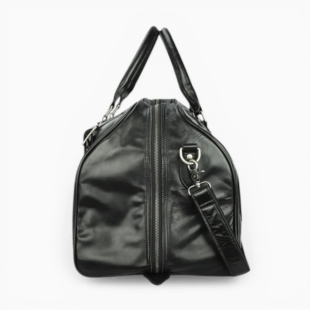 Vintage leather travel bag model Venise by Élégance Cuir, showcasing rich texture and classic design.