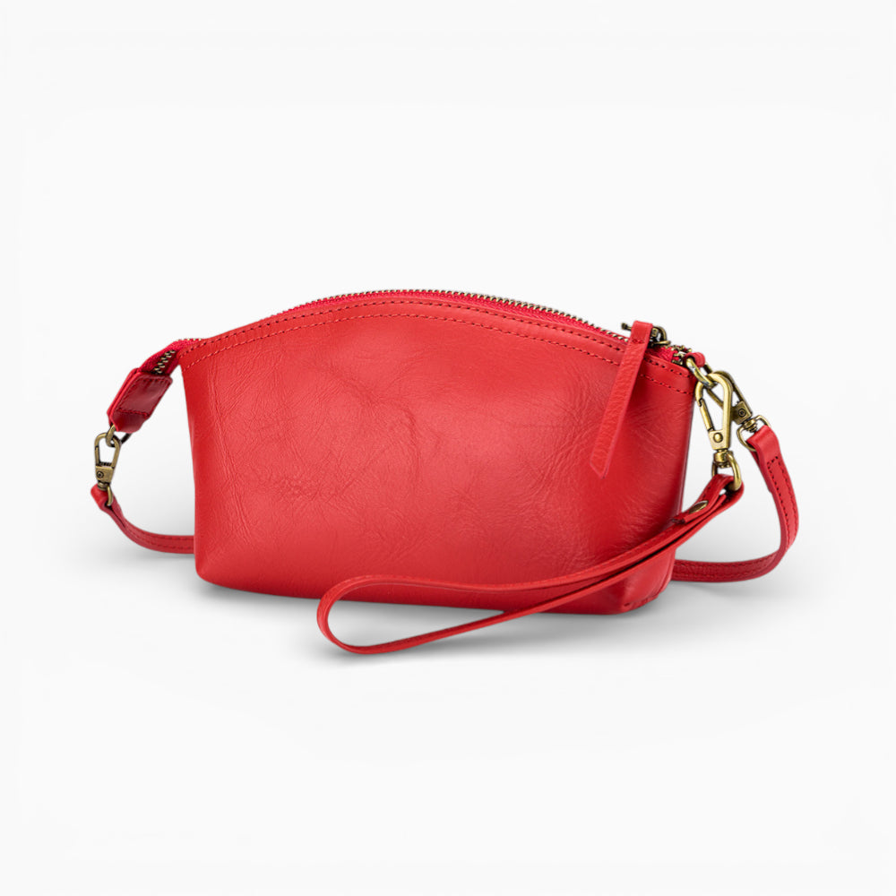 Compact leather fanny pack for women, Bijou model by Élégance Cuir, featuring a stylish design and adjustable strap.
