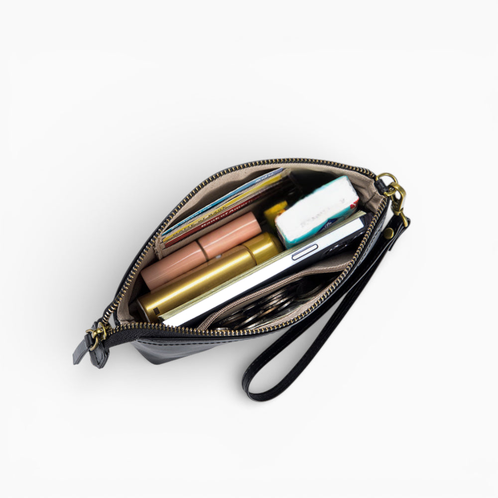 Compact leather fanny pack for women, model Bijou by Élégance Cuir, showcasing a stylish design and sleek finish.