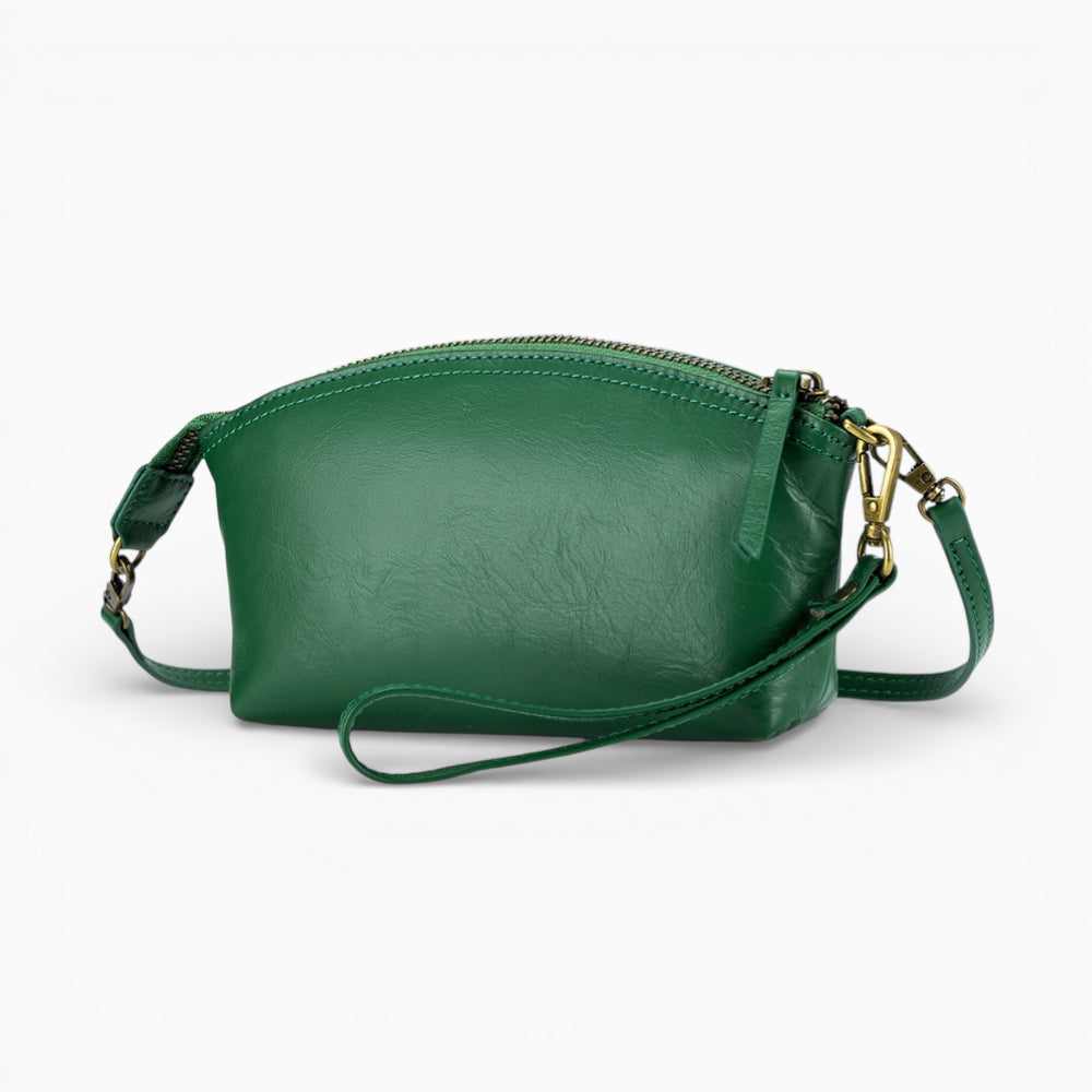 Compact leather fanny pack for women, Bijou model by Élégance Cuir, featuring a stylish design and adjustable strap.