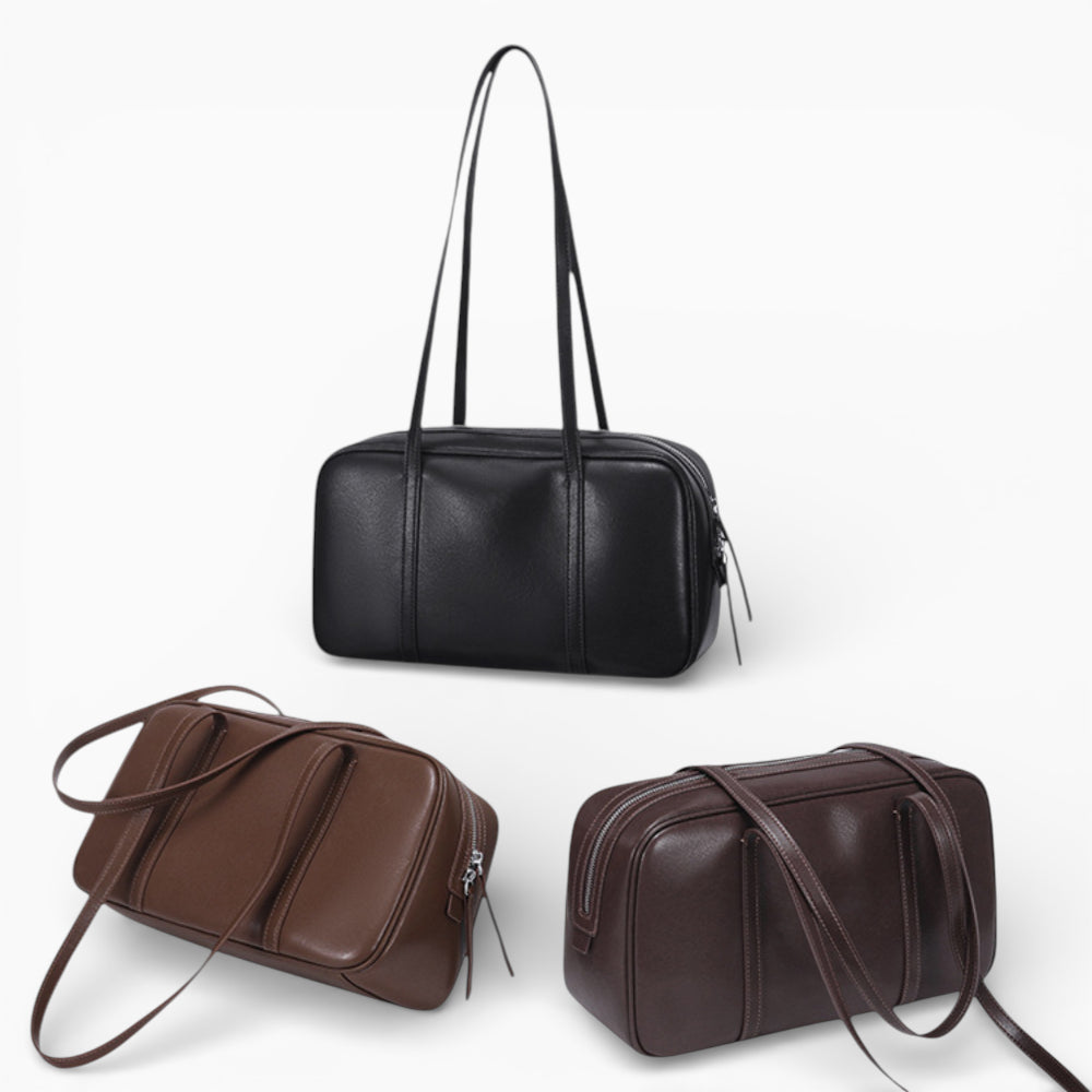 Sac bandoulière en cuir rectangulaire pour femme, modèle Zoé de la marque Élégance Cuir, affichant une finition élégante. 3 coloris.