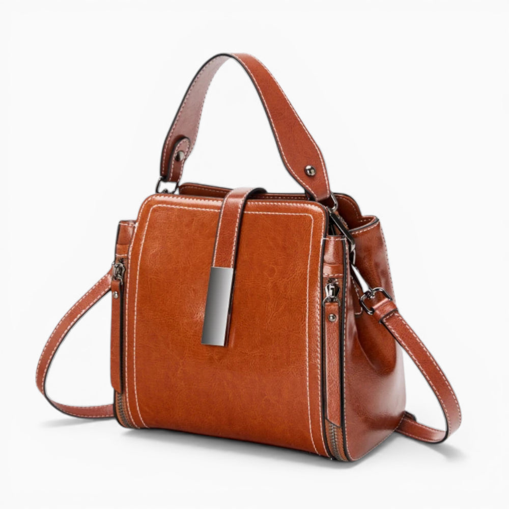 Sac bandoulière en cuir caramel pour femme modèle Elise d'Élégance Cuir, avec une finition élégante et une bandoulière ajustable.