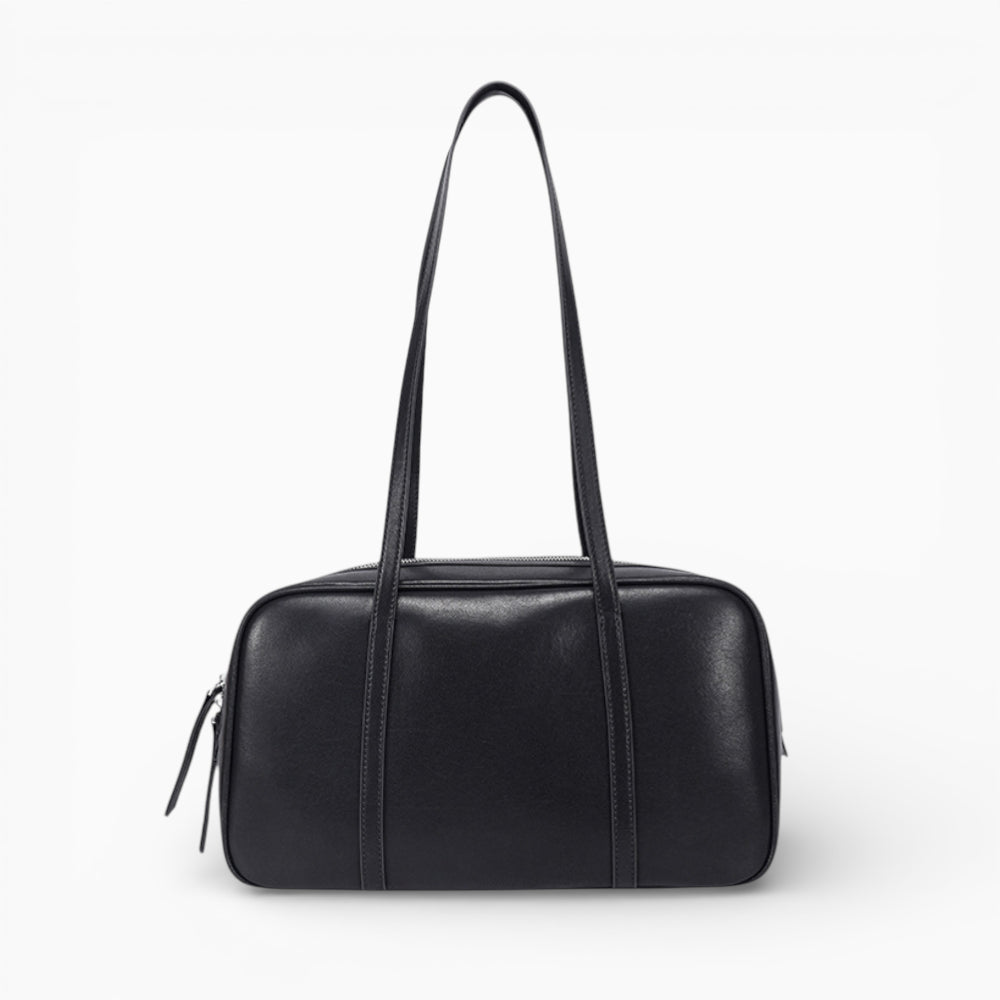 Sac bandoulière noir en cuir rectangulaire modèle Zoé pour femme de la marque Élégance Cuir, vue de face.