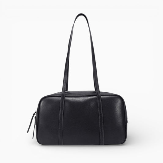 Sac bandoulière noir en cuir rectangulaire modèle Zoé pour femme de la marque Élégance Cuir, vue de face.