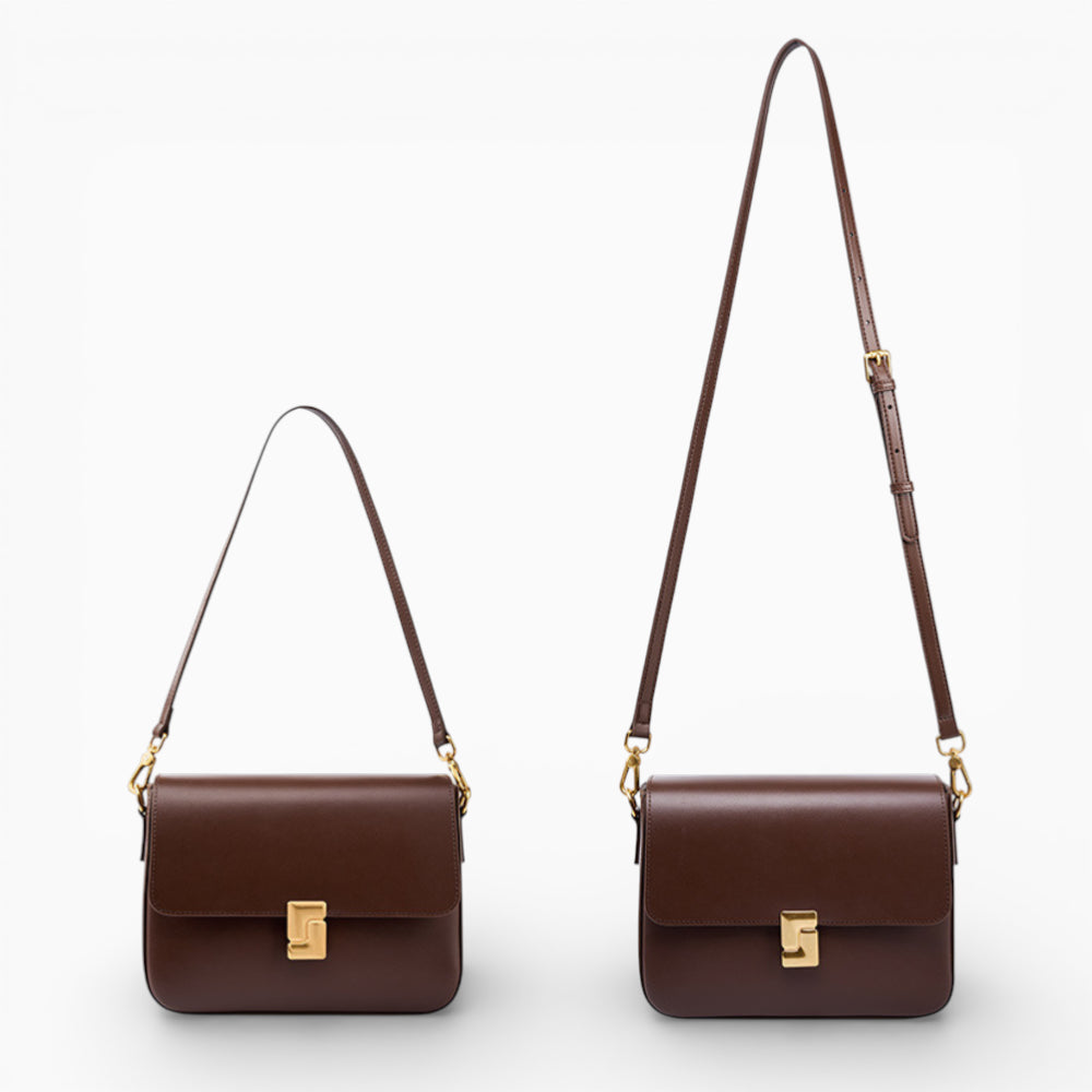 Sac bandoulière en cuir marron pour femme, modèle Céline avec rabat et fermoir métallique, montré avec et sans bandoulière.