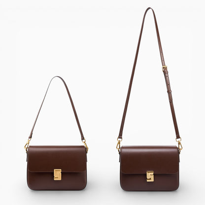 Sac bandoulière en cuir marron pour femme, modèle Céline avec rabat et fermoir métallique, montré avec et sans bandoulière.