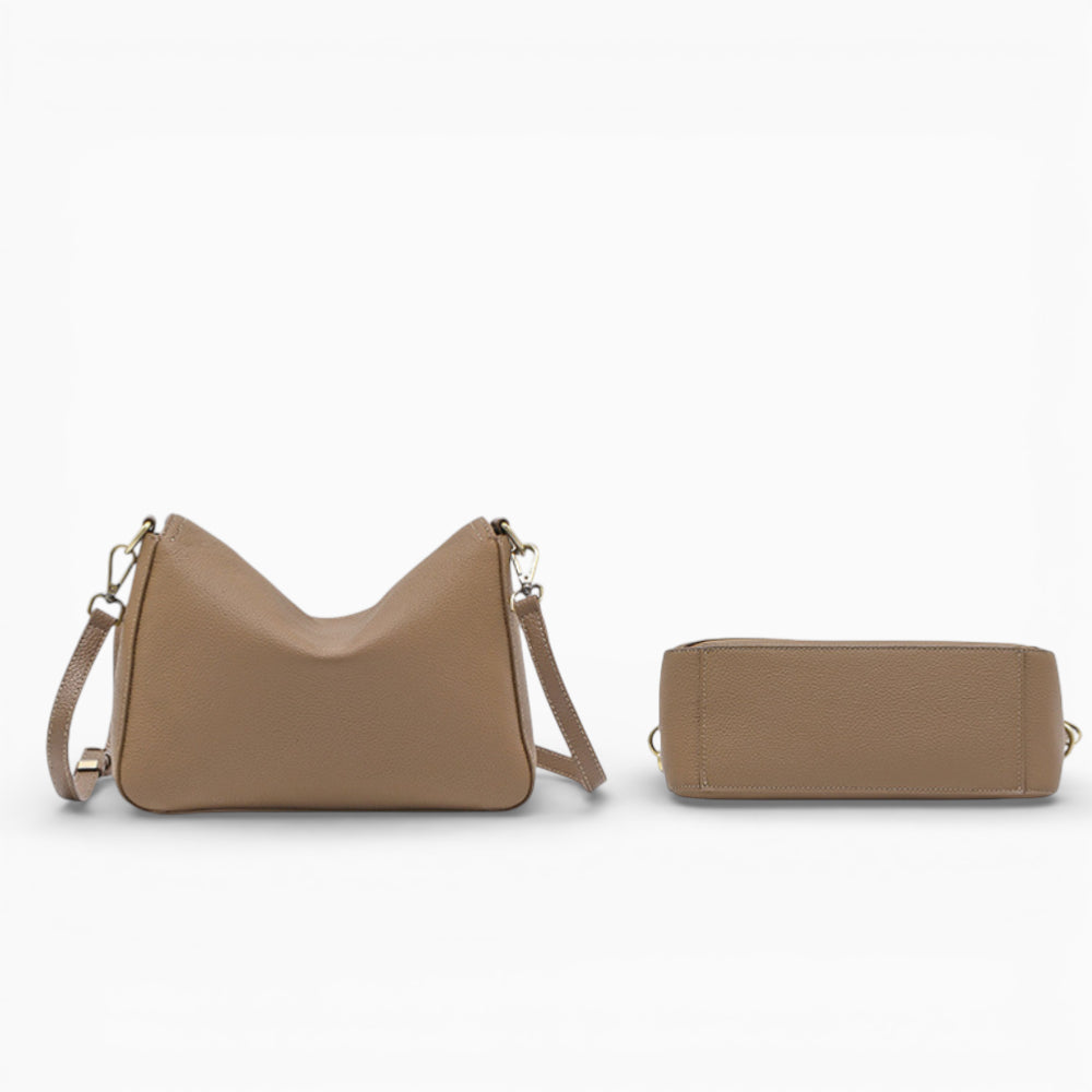 Sac bandoulière en cuir beige taupe pour femme modèle Juliette d'Élégance Cuir, vu de l'arrière et dessous.