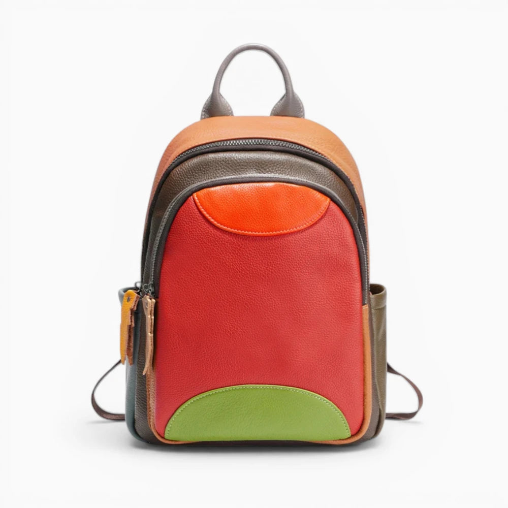 Sac à dos en cuir multicolore pour femme avec poche avant, modèle Joyeux de la marque Élégance Cuir, vue de face