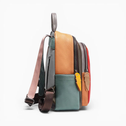 Sac à dos en cuir multicolore pour femme avec poche avant, modèle Joyeux de la marque Élégance Cuir, vue de profil 2