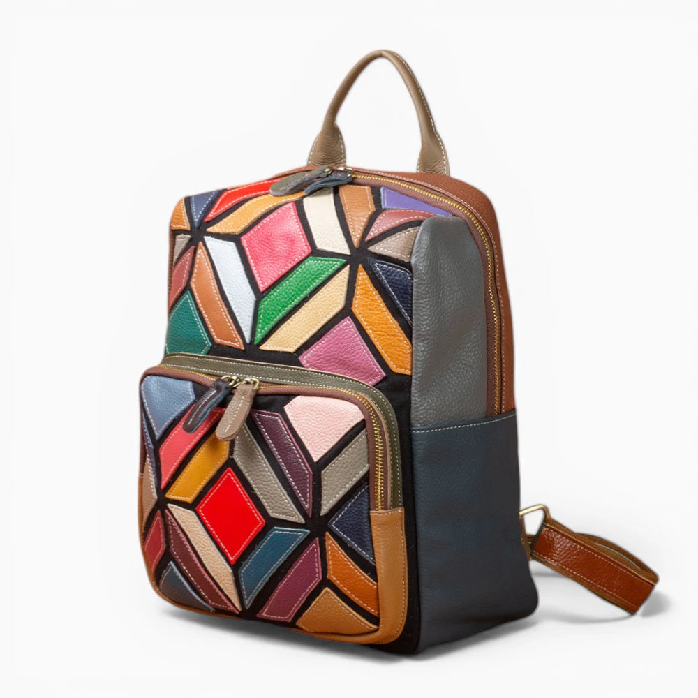 Sac à dos en cuir multicolore pour femme avec poche avant zippée, modèle Vintage de la marque Élégance Cuir, vue de coté