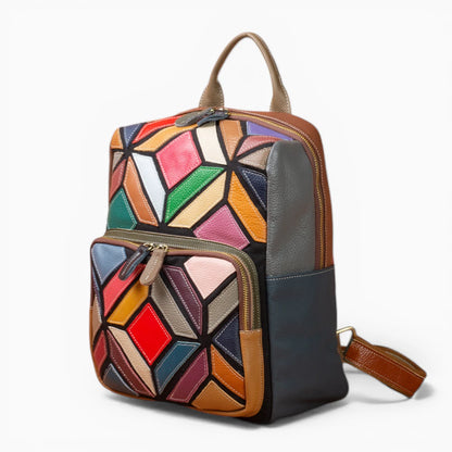 Sac à dos en cuir multicolore pour femme avec poche avant zippée, modèle Vintage de la marque Élégance Cuir, vue de coté