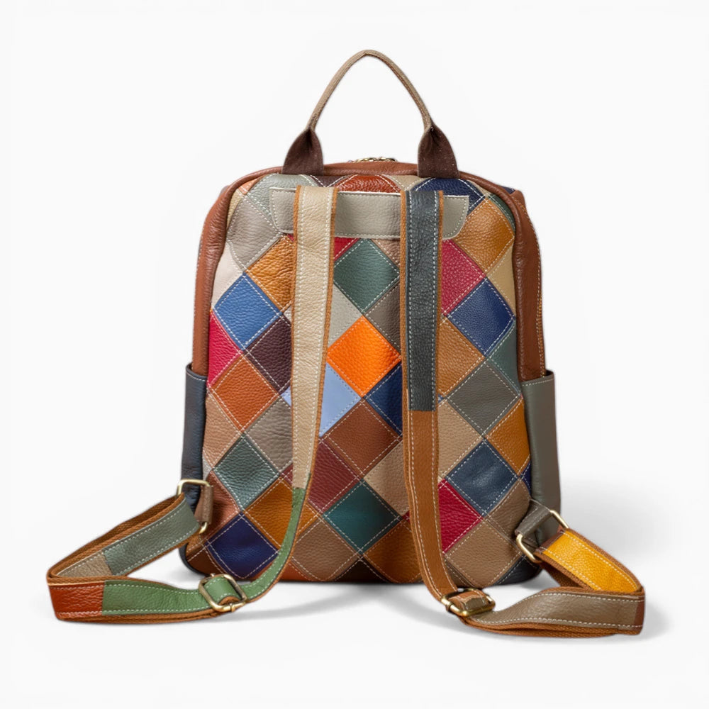 Sac à dos en cuir multicolore pour femme avec poche avant zippée, modèle Vintage de la marque Élégance Cuir, vue de dos 2