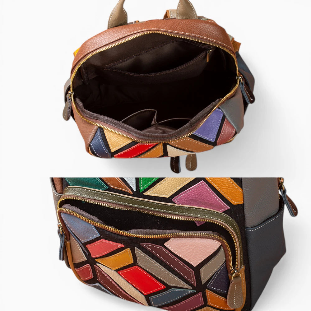 Sac à dos en cuir multicolore pour femme avec poche avant zippée, modèle Vintage de la marque Élégance Cuir, vue intérieure