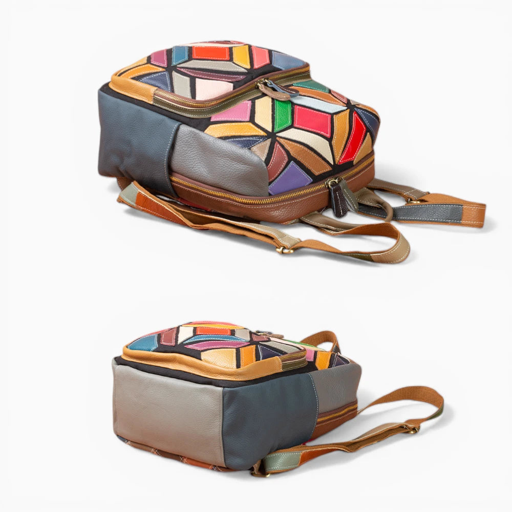 Sac à dos femme en cuir multicolore avec poche avant zippée, modèle Vintage par Élégance Cuir, vue couchée