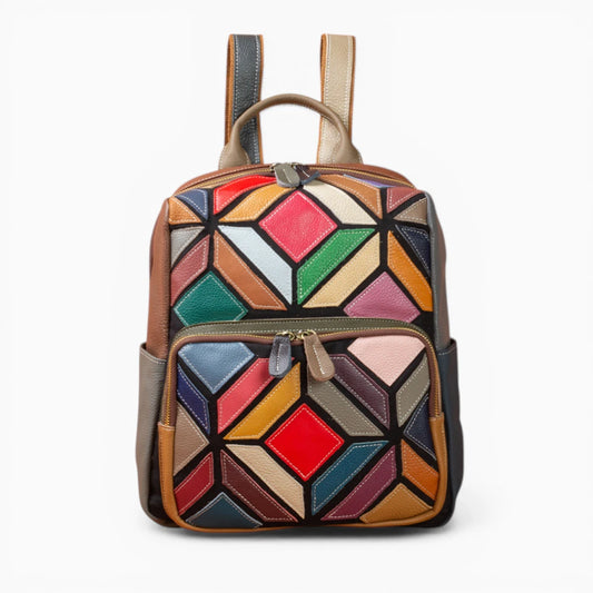 Sac à dos femme en cuir multicolore de la marque Élégance Cuir, doté d'une poche avant zippée, affichant un style vintage, vue de face