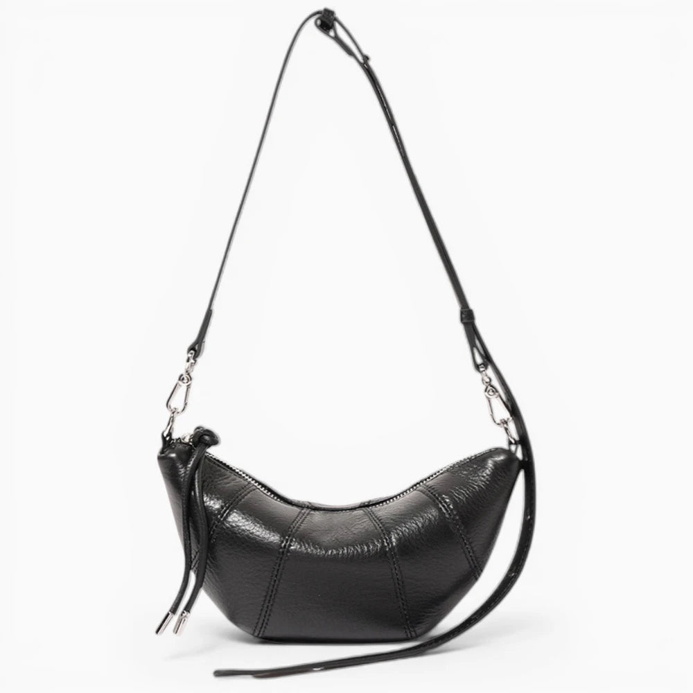 Sac à main en cuir noir pour femme demi-lune modèle Mademoiselle de la marque Élégance Cuir, vue de face