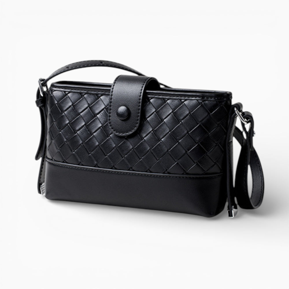 Sac à main en cuir tressé pour femme, modèle Parisienne de la marque Élégance Cuir, noir vue de coté