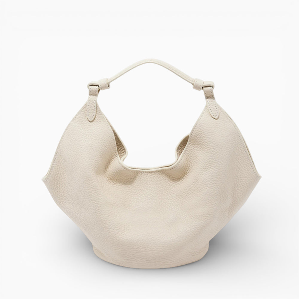 Sac à main hobo en cuir blanc cassé pour femme, modèle Amaya de la marque Élégance Cuir, vu de face.