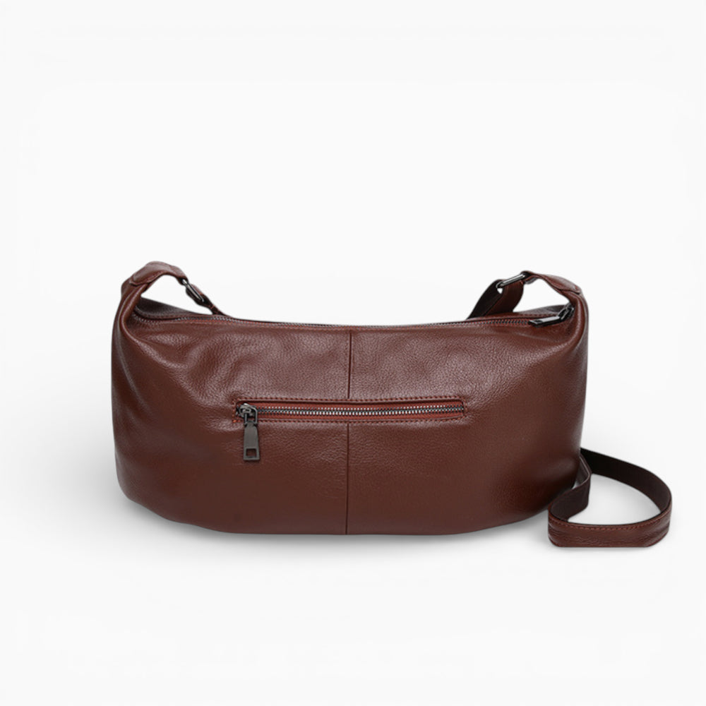 Large brown leather fanny pack for women, Rubis model by Élégance Cuir, featuring a sleek design and adjustable strap.