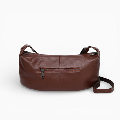 Large brown leather fanny pack for women, Rubis model by Élégance Cuir, featuring a sleek design and adjustable strap.