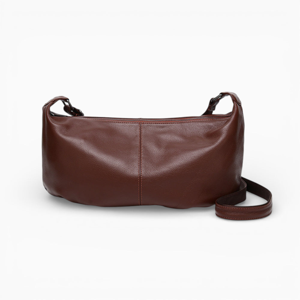 Large brown leather fanny pack for women, Rubis model by Élégance Cuir, featuring a front view and adjustable strap.
