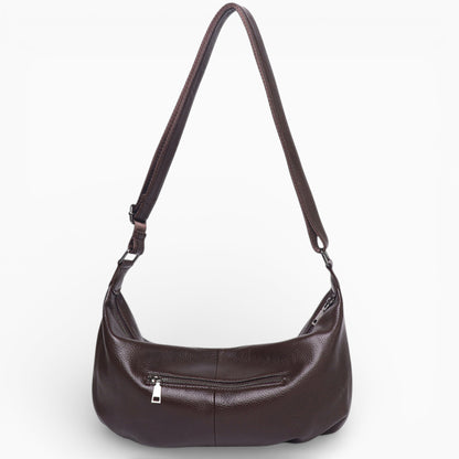 Large brown leather fanny pack for women, Rubis model by Élégance Cuir, showcasing stylish design and ample storage.