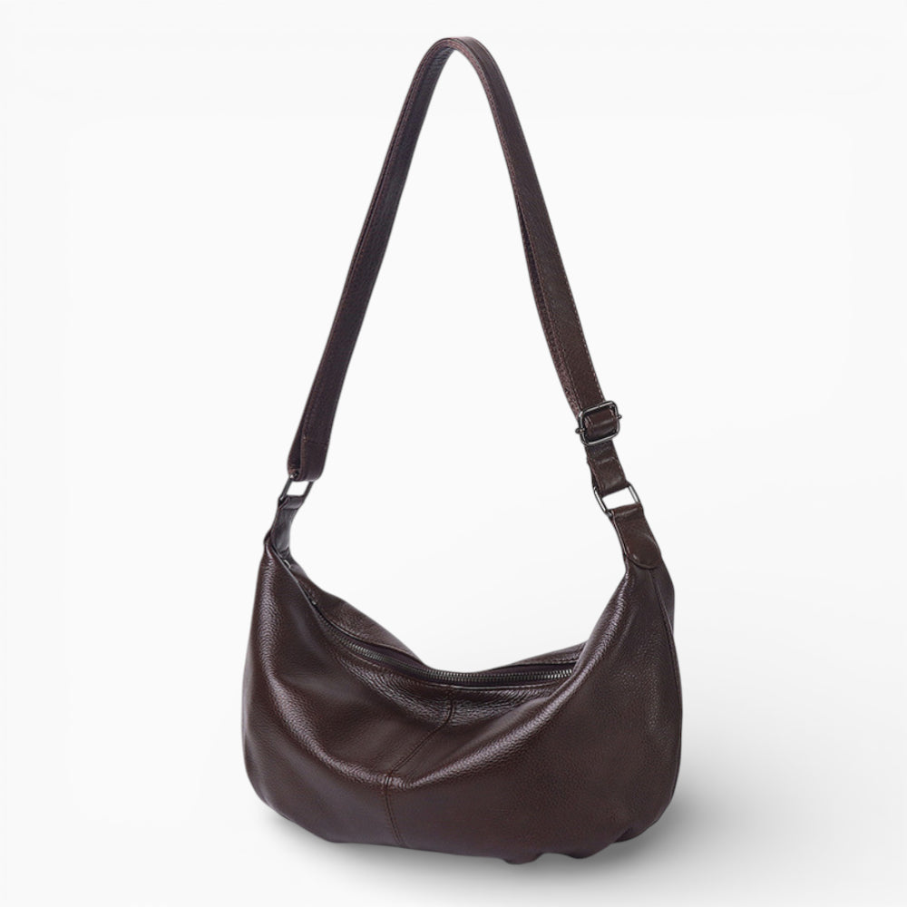 Large brown leather fanny pack for women, Rubis model by Élégance Cuir, showcasing front view and detailed craftsmanship.