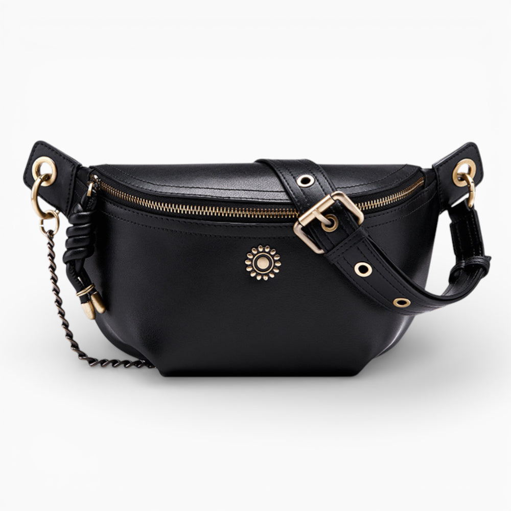 Chic Émeraude leather fanny pack for women by Élégance Cuir, shown in front view with elegant design and details.