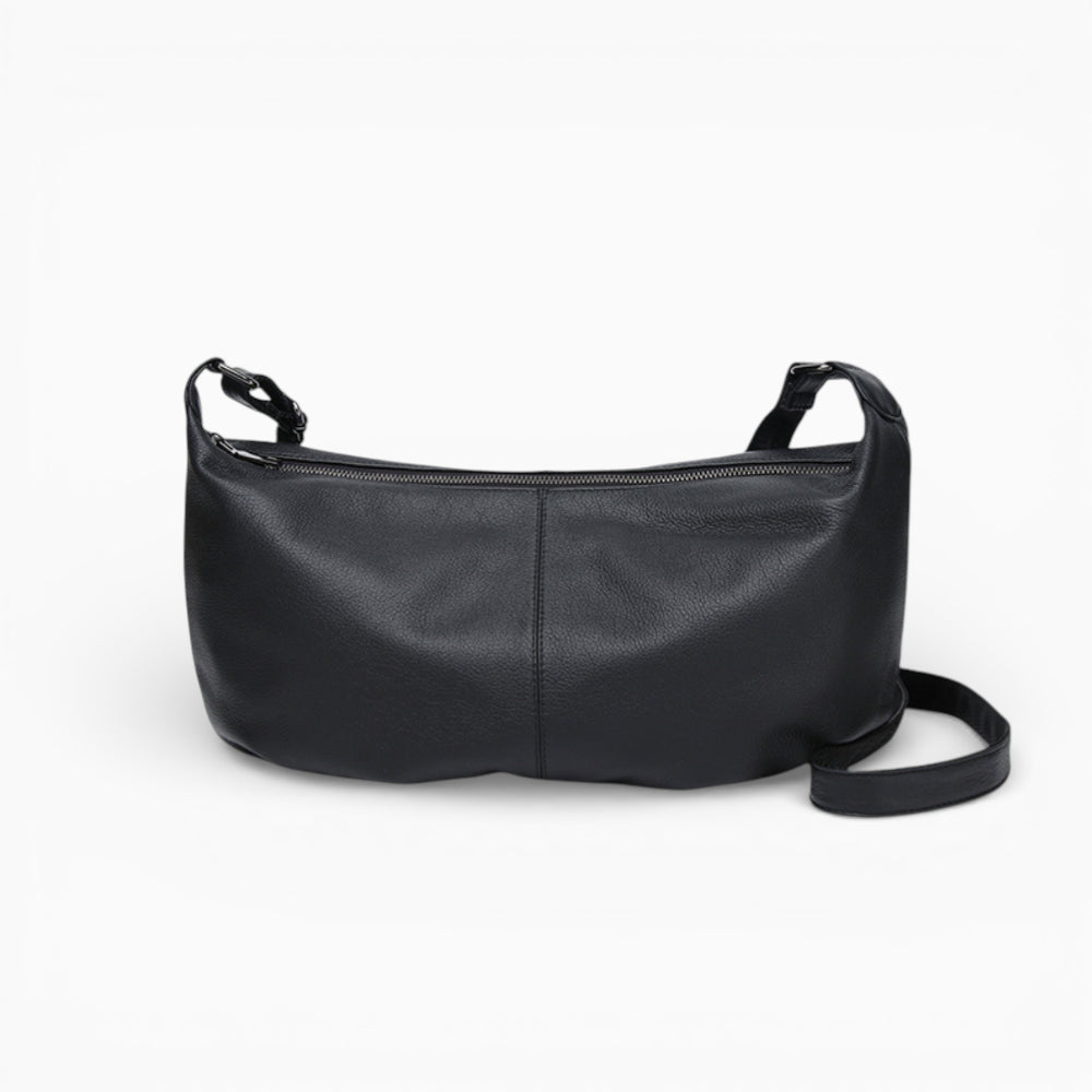 Large black leather fanny pack for women, model Rubis by Élégance Cuir, displayed from the front.