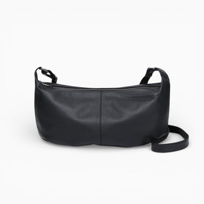 Large black leather fanny pack for women, model Rubis by Élégance Cuir, displayed from the front.