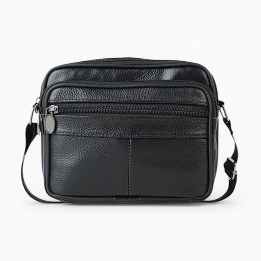 Sacoche bandoulière homme en cuir noir avec double poche zippée, modèle Urbaine de la marque Élégance Cuir, vue de face